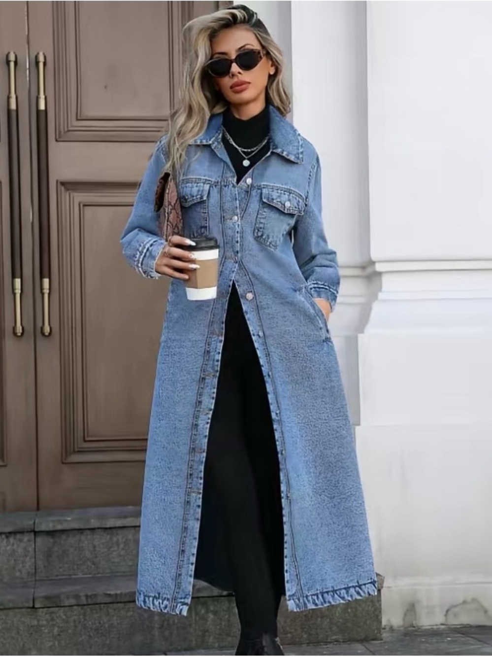 Long Button Front Denim Coat